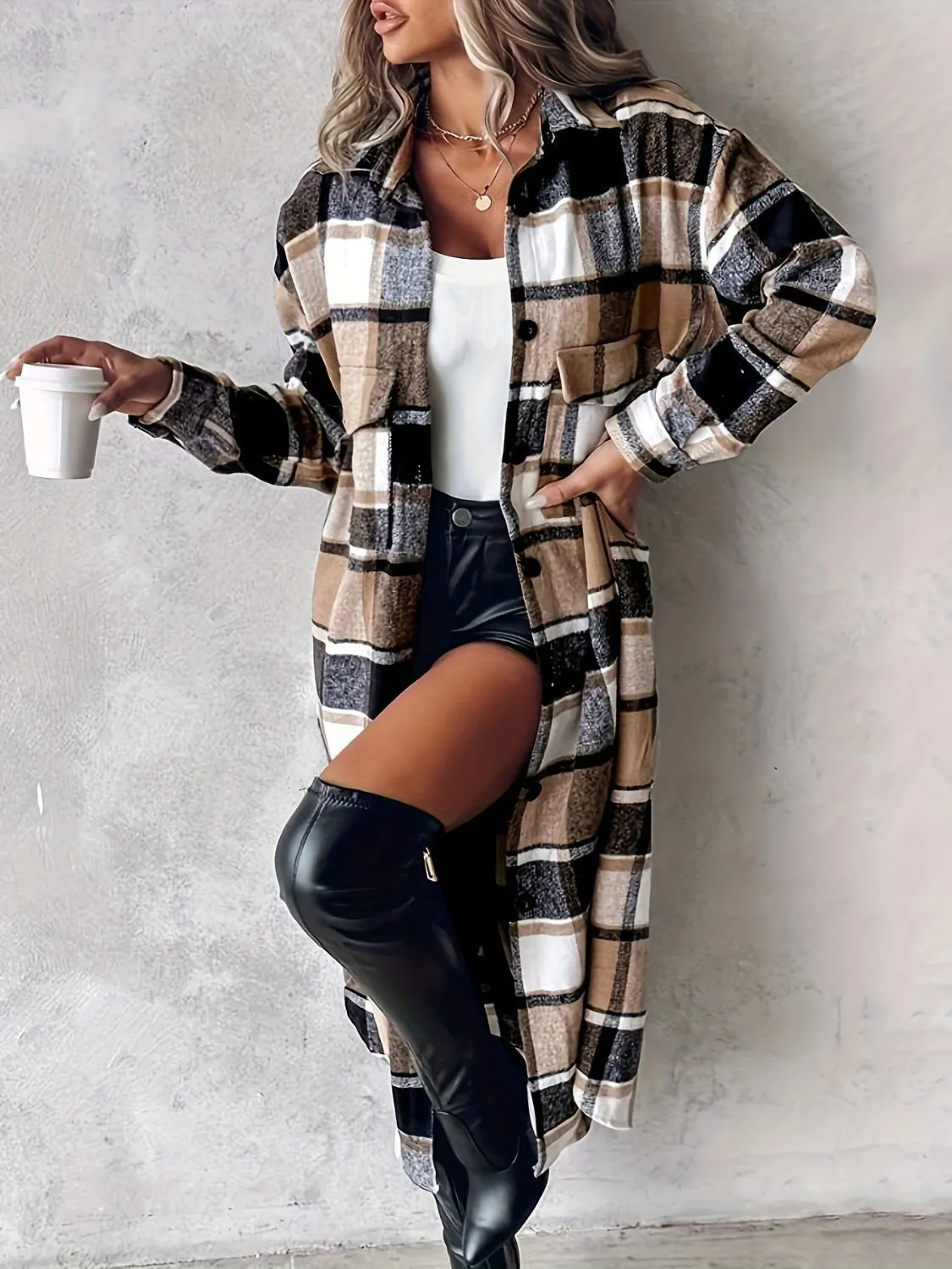 🌟 Plaid Button-Up Long Sleeve Longline Outerwear 🌟