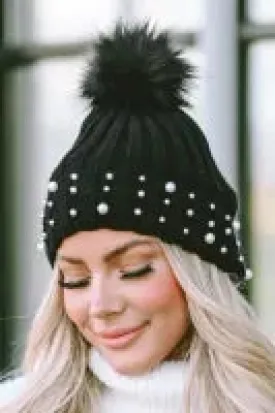 Accessory- Hat- Black Faux Pearl & Pompom Decor Cuff Beanie