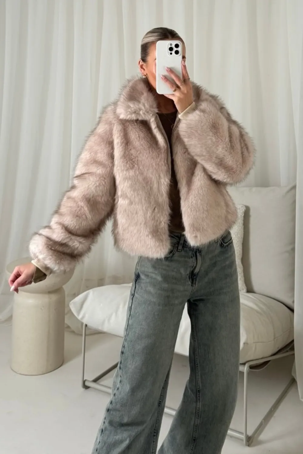 Axel beige zip up faux fur jacket