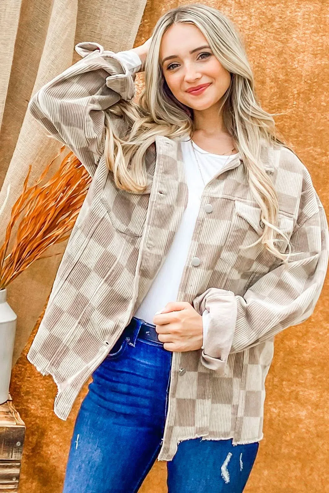 Beige Corduroy Checkerboard Print Jacket