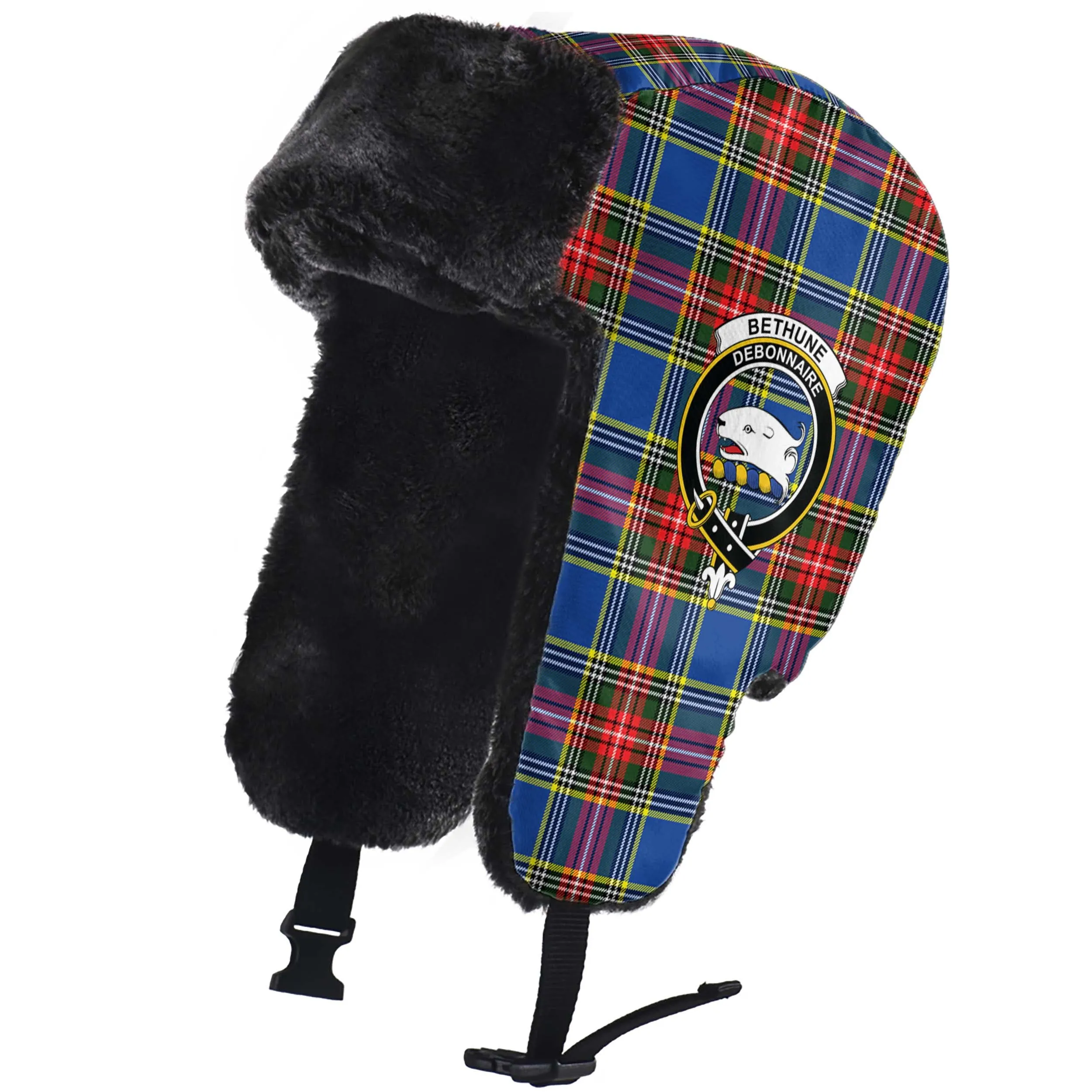 Bethune Tartan Winter Trapper Hat with Family Crest