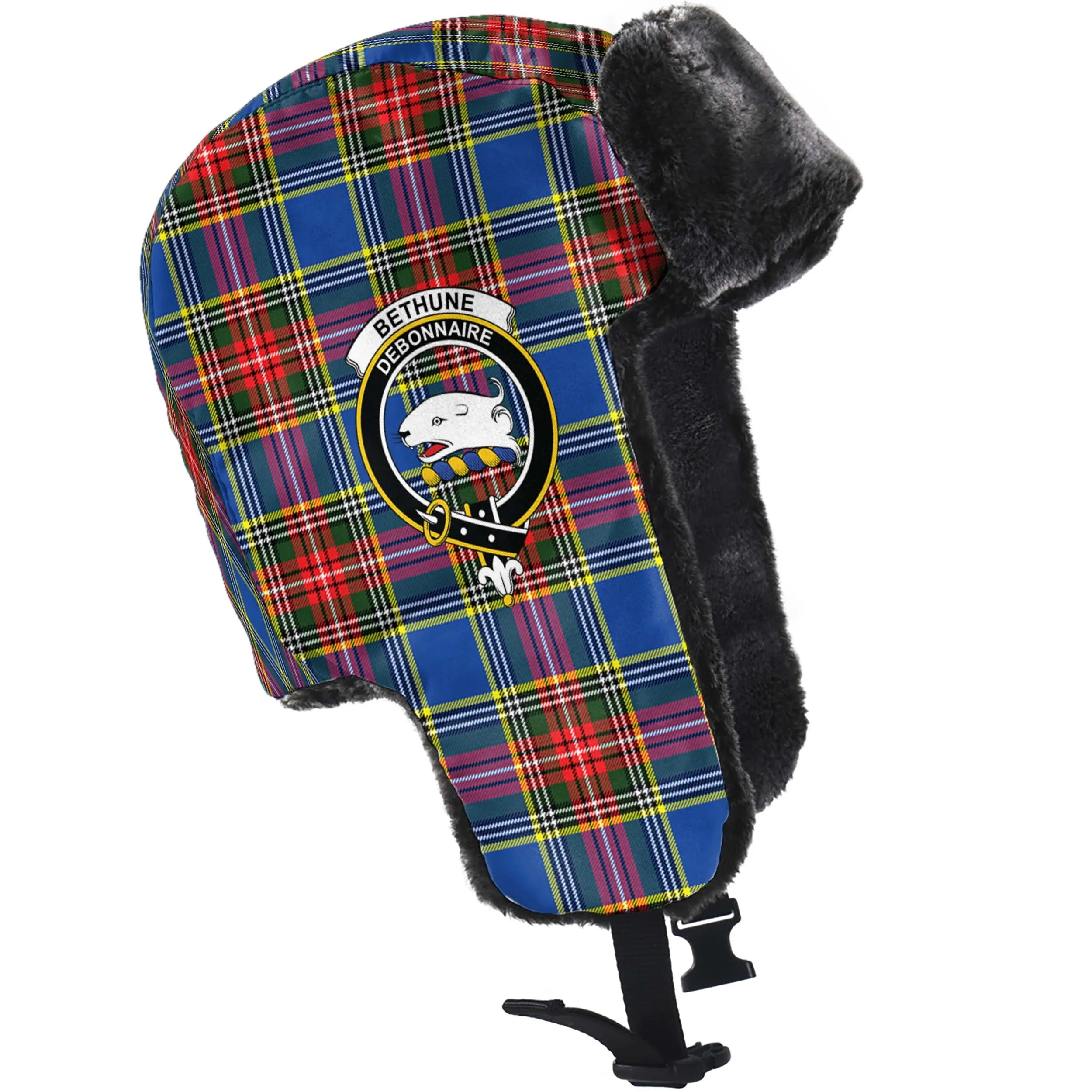 Bethune Tartan Winter Trapper Hat with Family Crest