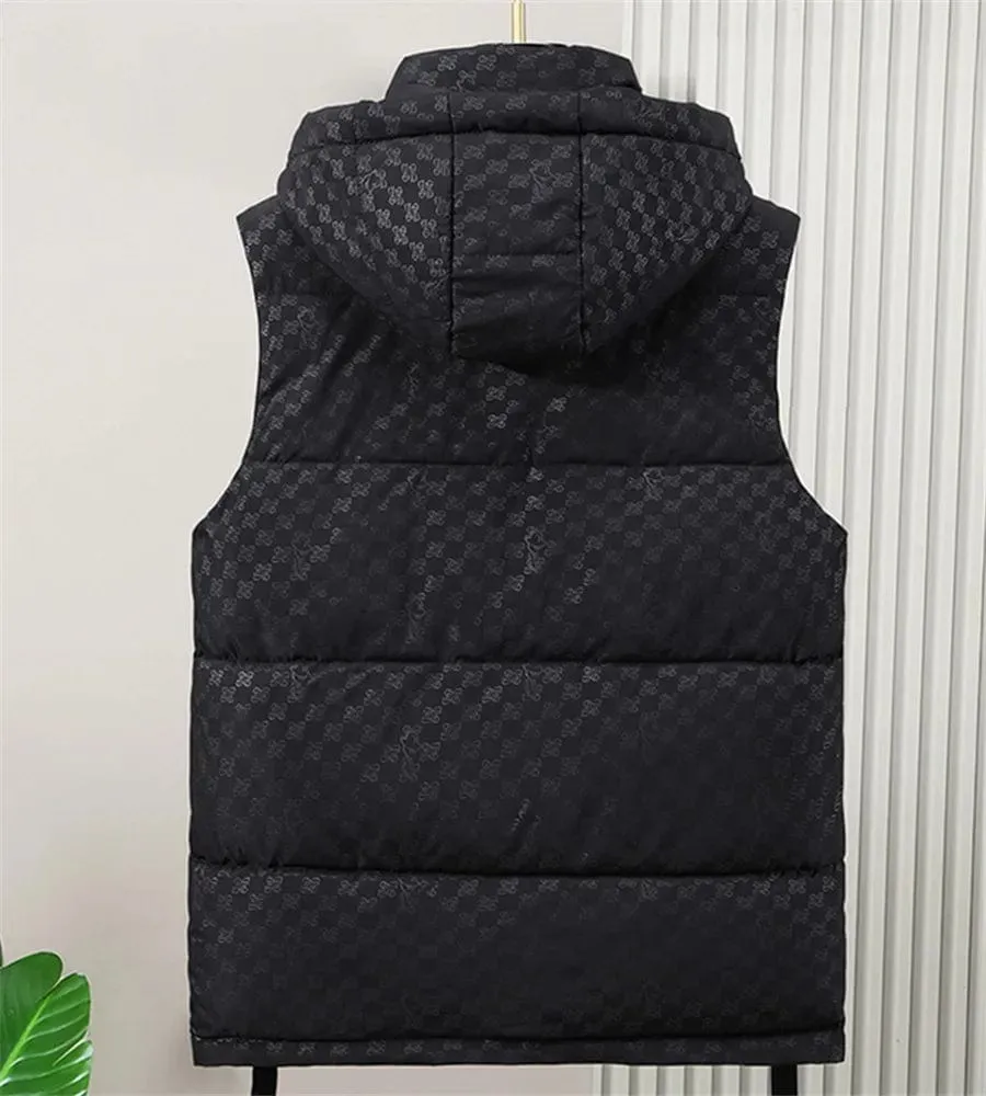 Black Men's Cargo Vest with Detachable Hood Winter Warmth Padded Jacket