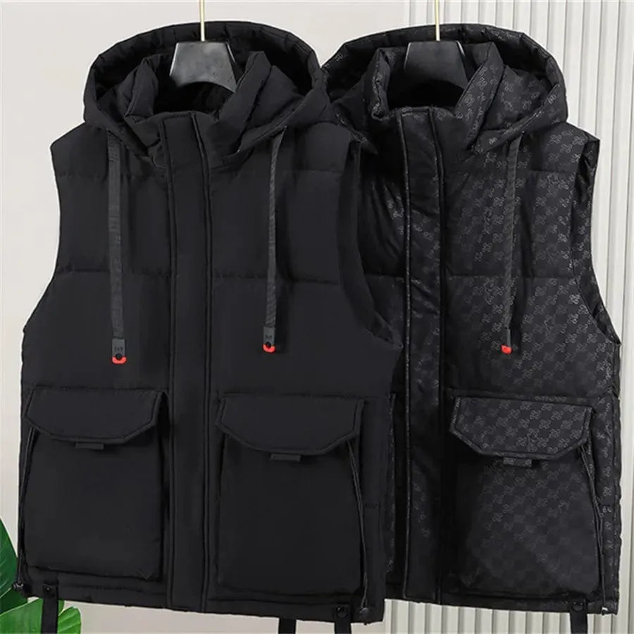 Black Men's Cargo Vest with Detachable Hood Winter Warmth Padded Jacket