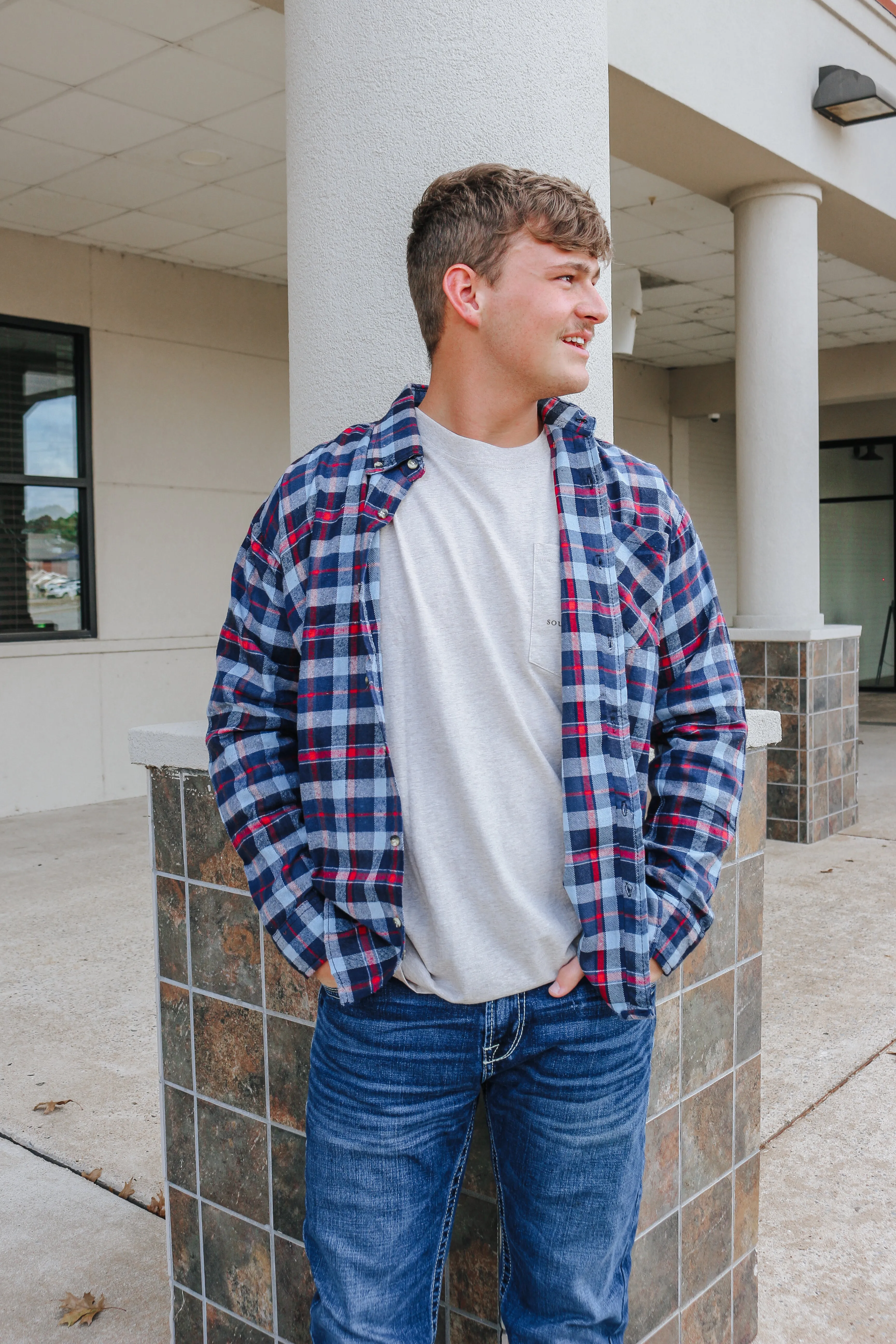 Blue & Red Plaid Flannel Long Sleeve Button Up