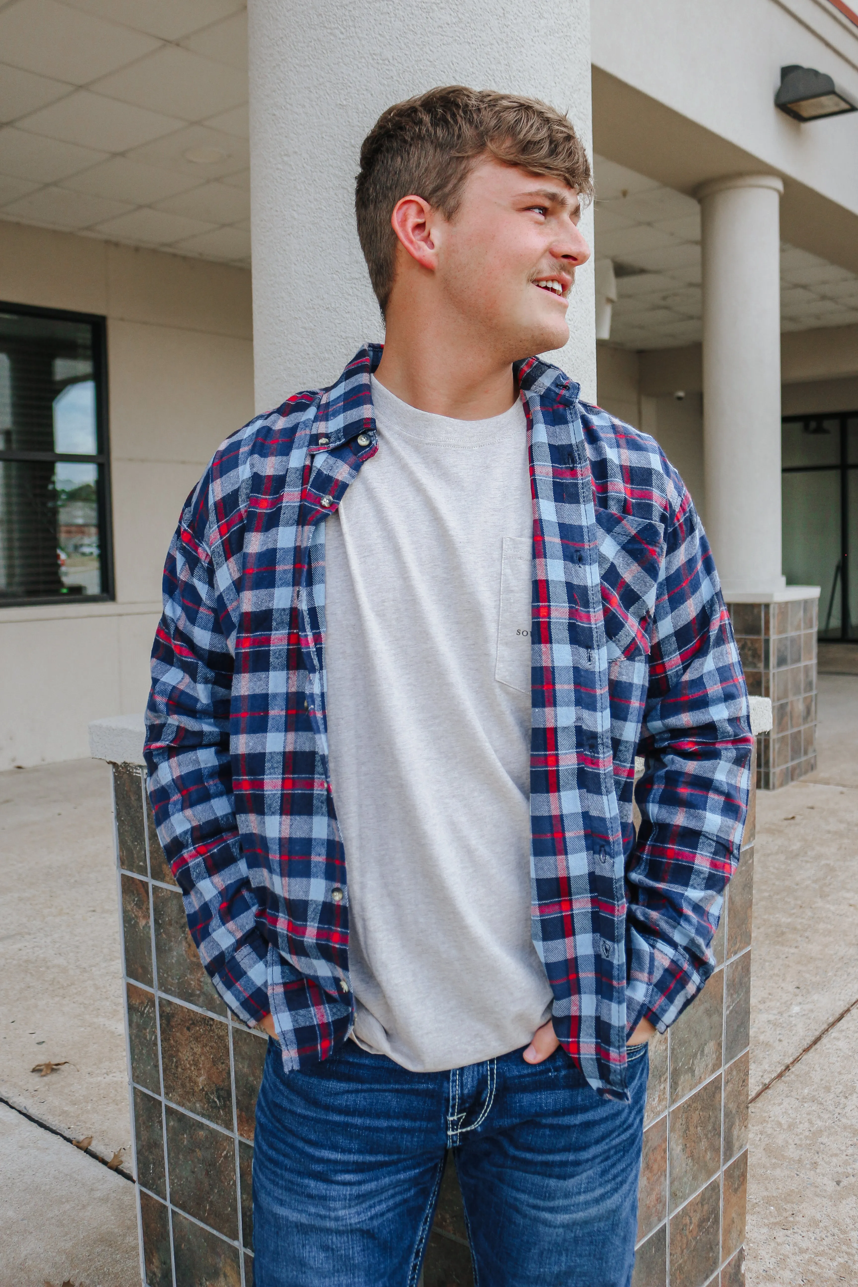 Blue & Red Plaid Flannel Long Sleeve Button Up