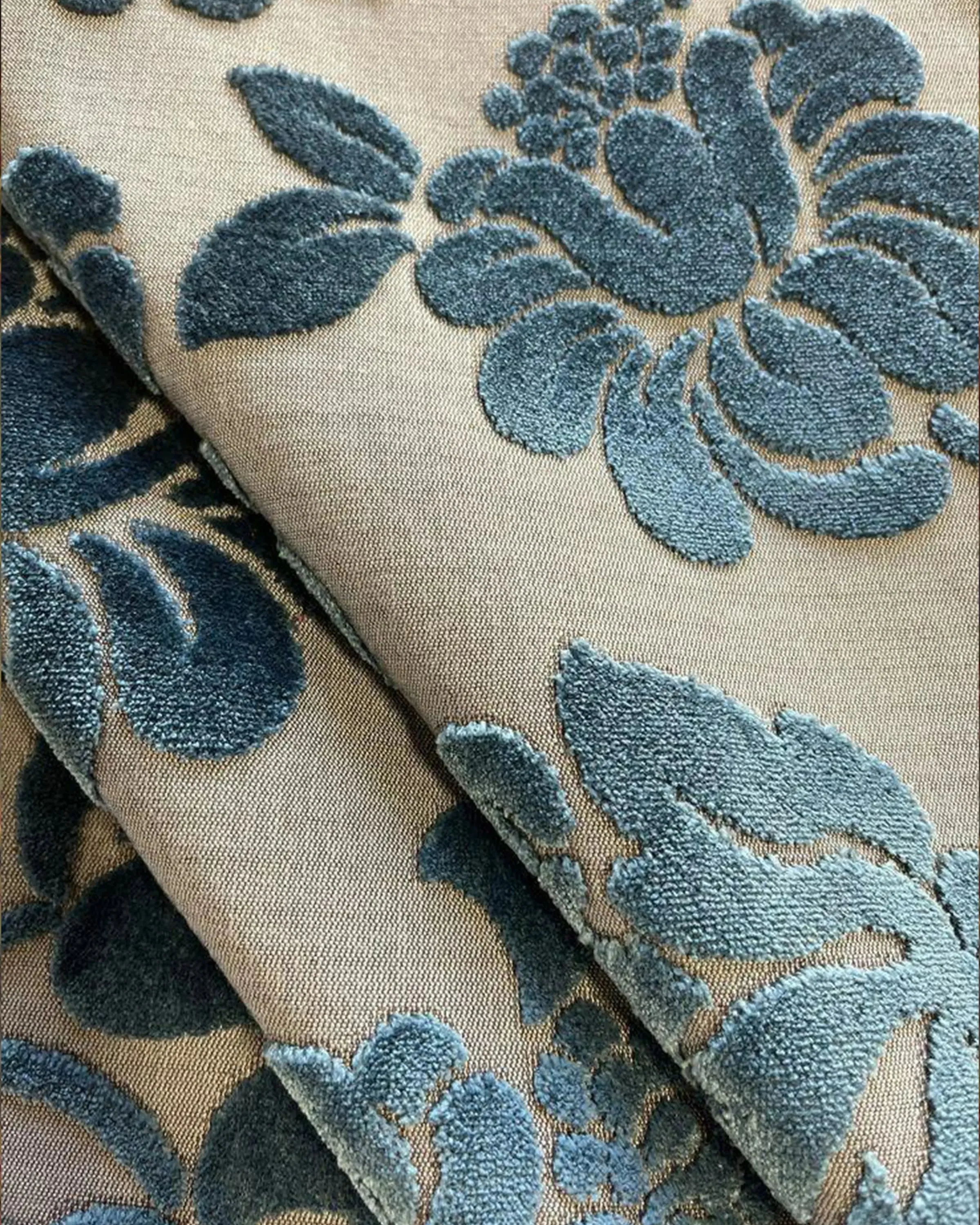 BLUE-CHENILLE DAMASK UPHOLSTERY FABRIC-FLORAL