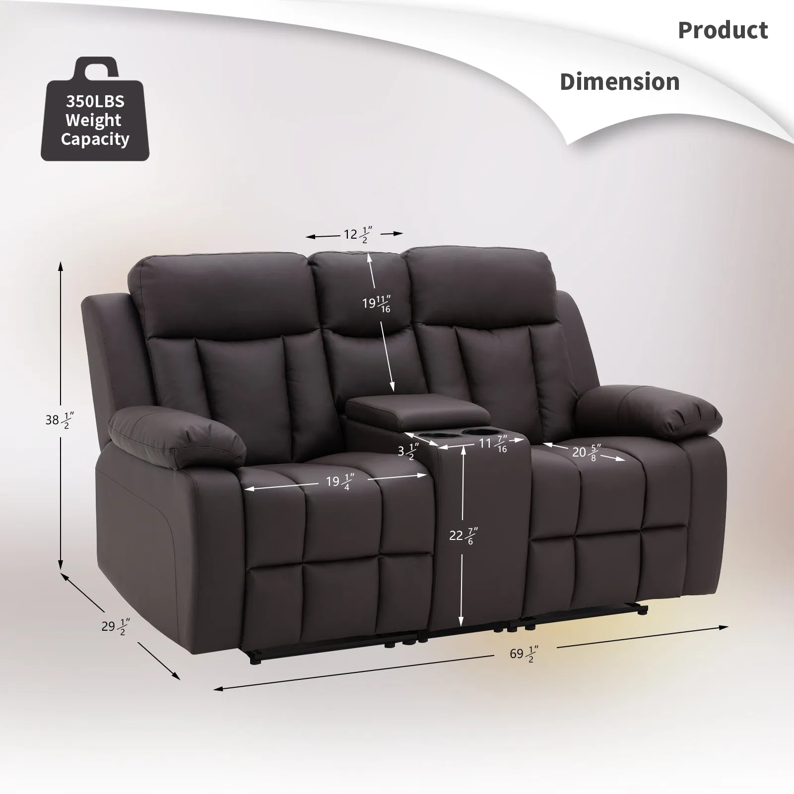 Breathable Leather Fabric Recliner Loveseat Chair with Cup Holder & Storage, Dark Brown