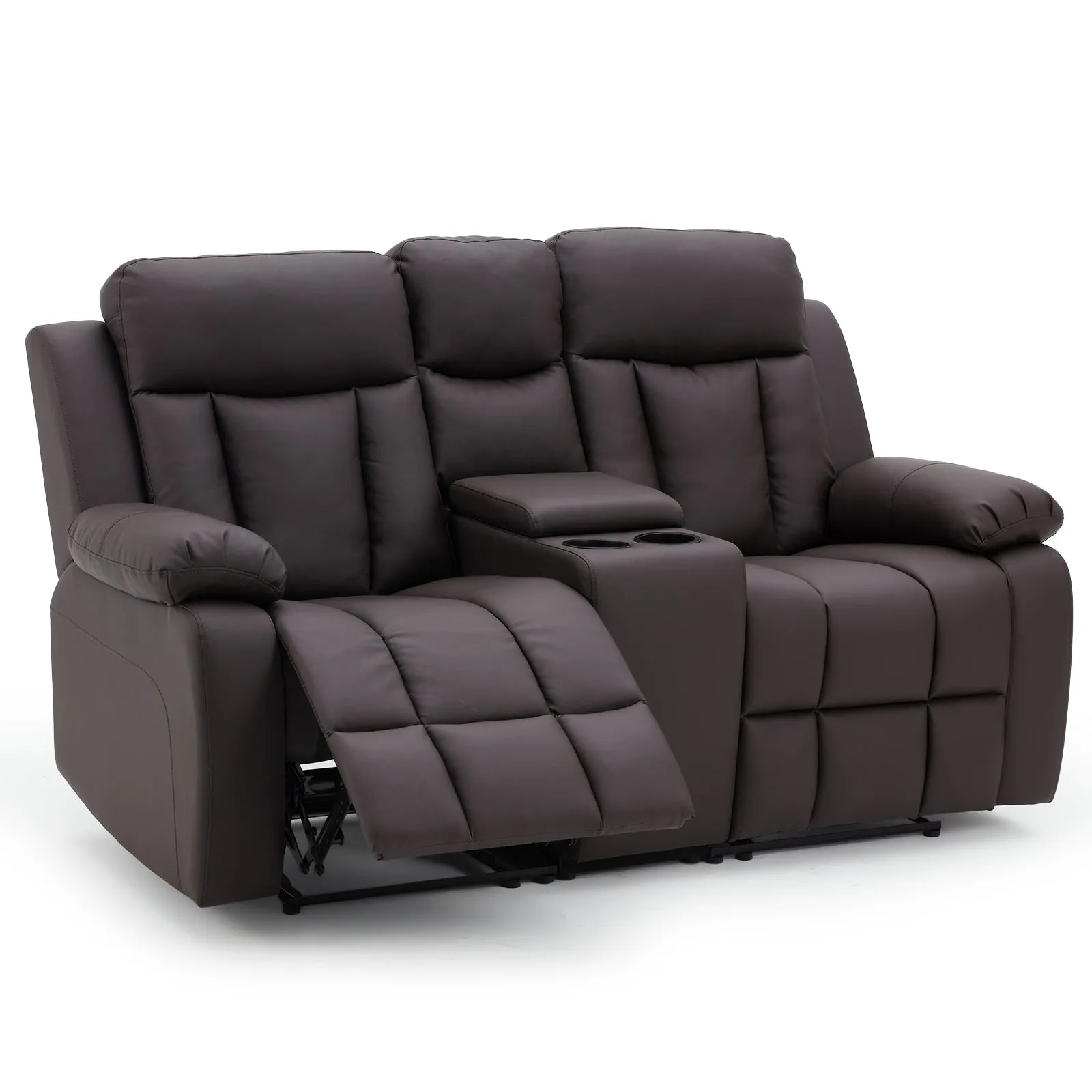 Breathable Leather Fabric Recliner Loveseat Chair with Cup Holder & Storage, Dark Brown