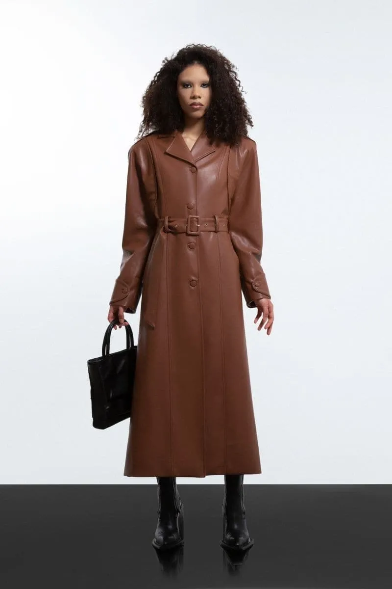 BROWN FAUX LEATHER LONG COAT