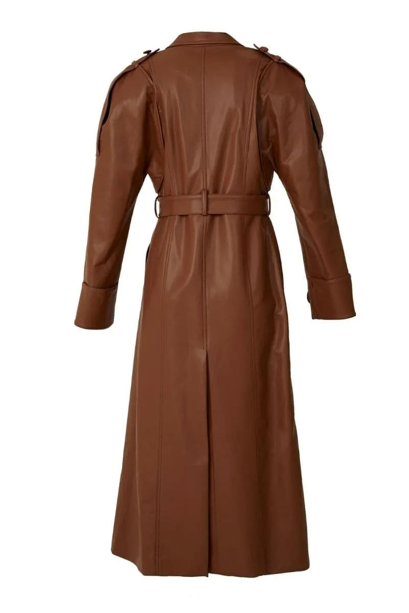 BROWN FAUX LEATHER LONG COAT