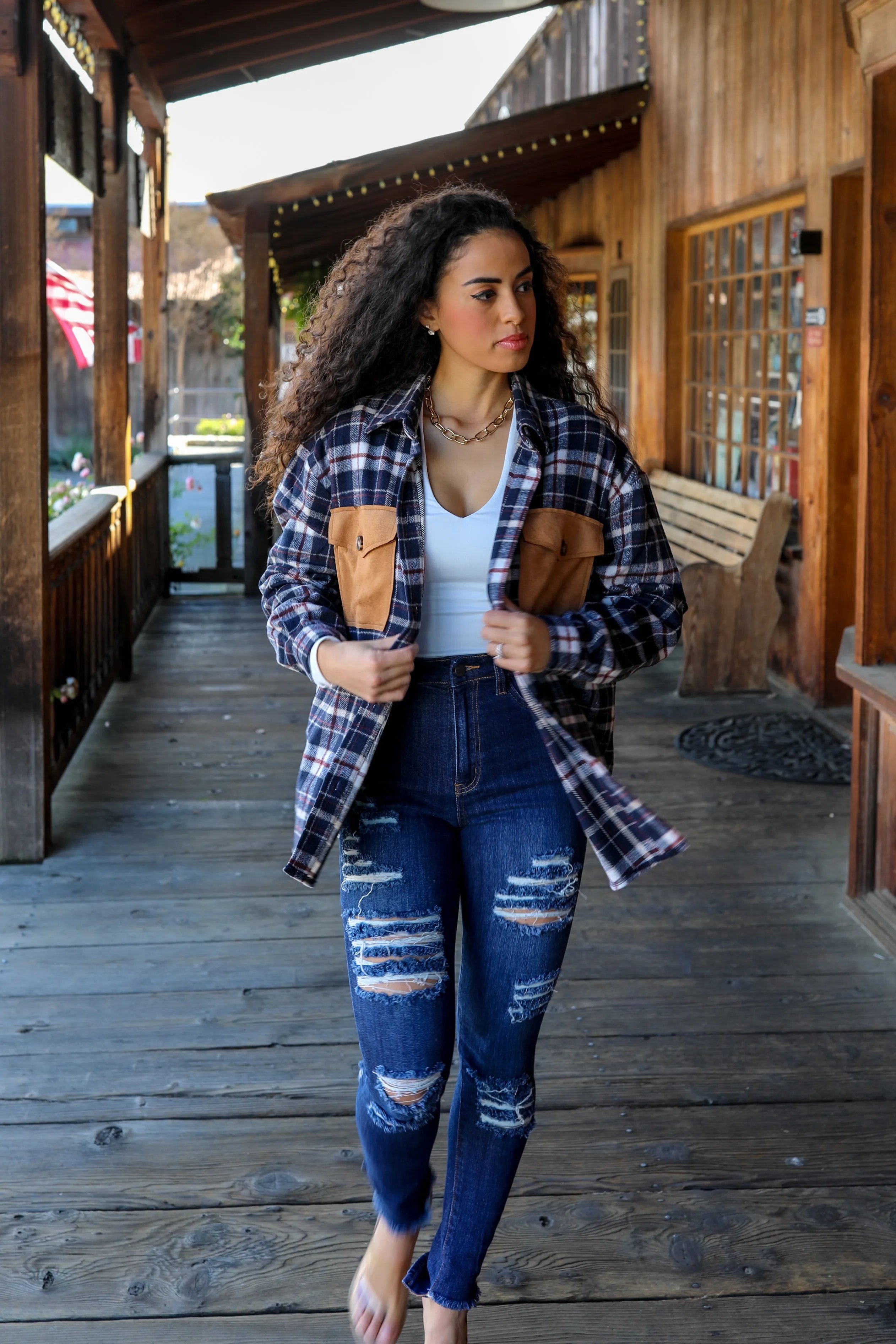 Cecilia Long Sleeve Suede Pocket Plaid Shacket