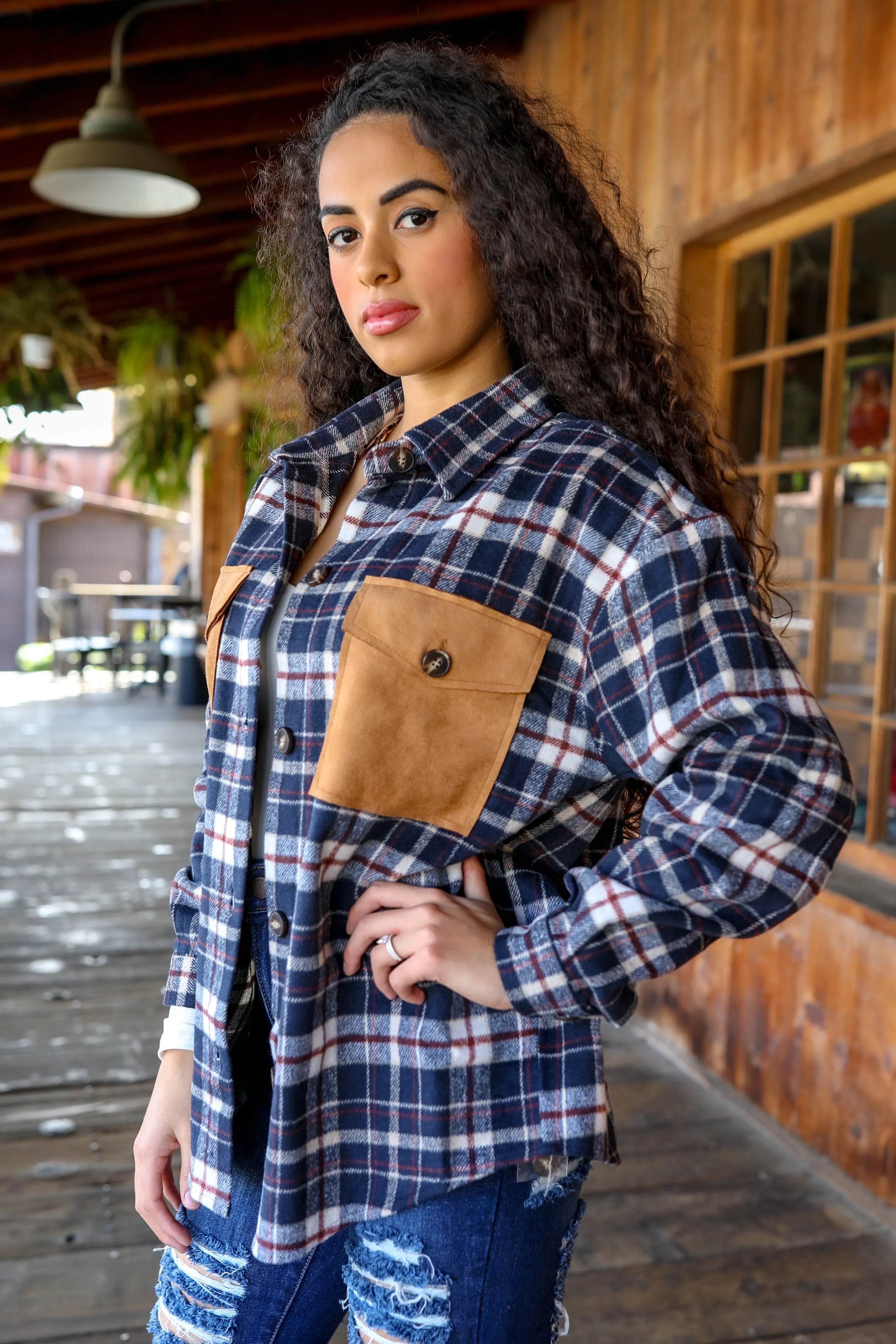 Cecilia Long Sleeve Suede Pocket Plaid Shacket