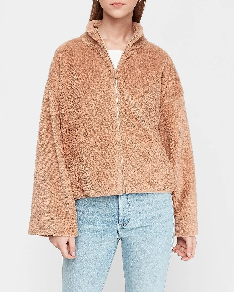 Cozy Bell Sleeve Full Zip Fleece Sweatshirt in Pecan