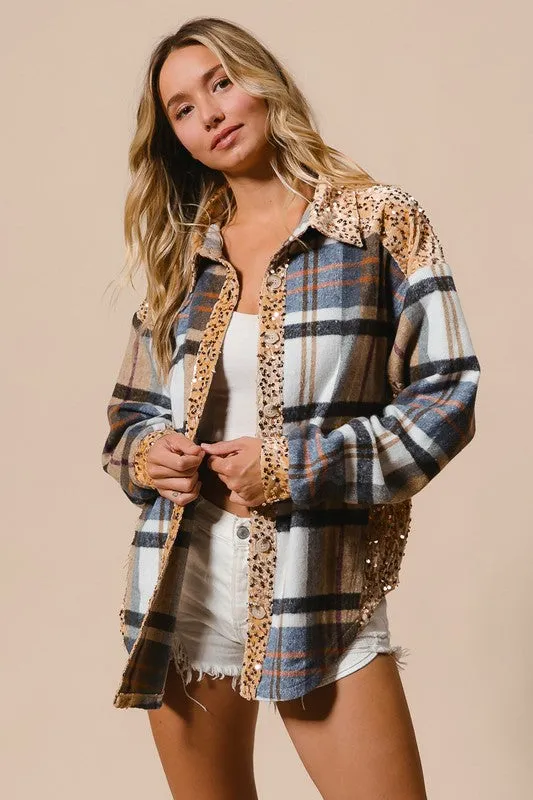 Curved Hem Sequin Plaid Button Up Shacket