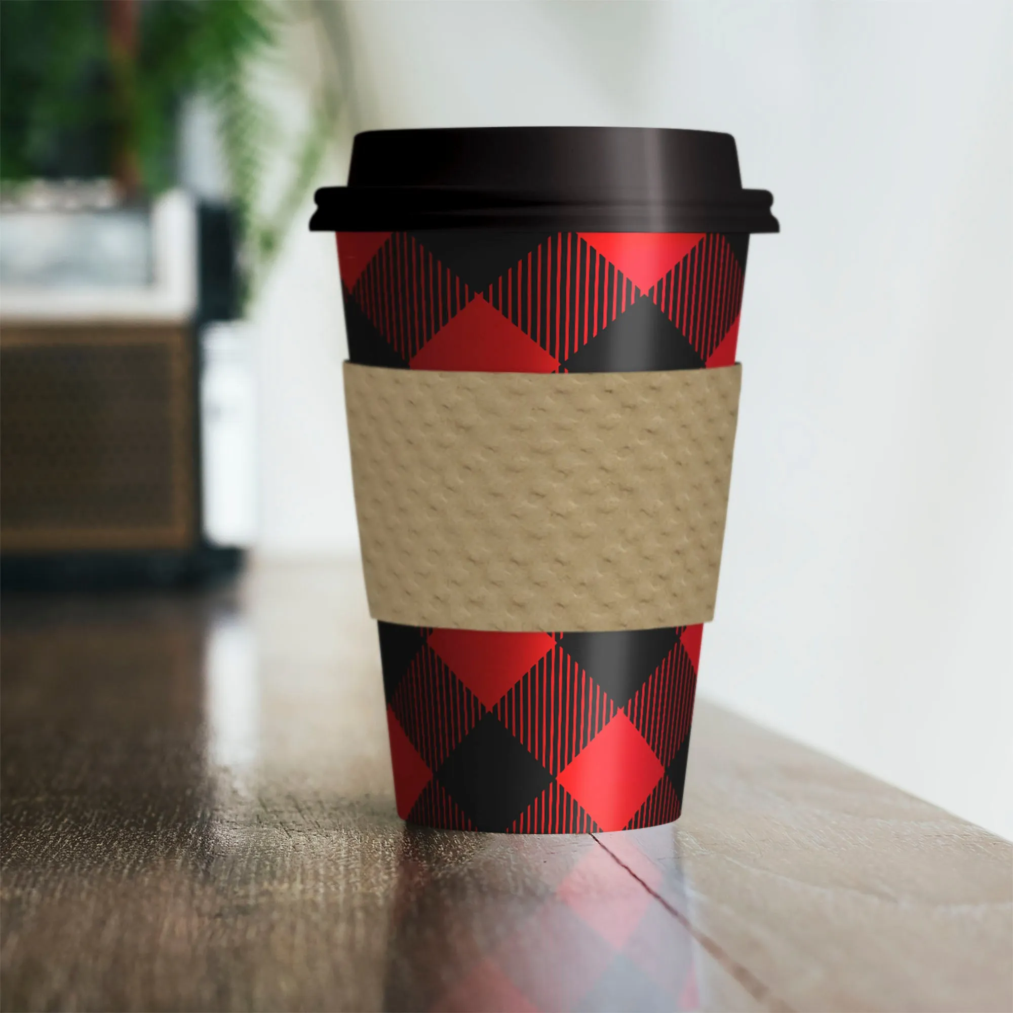 Disposable Coffee or Hot Chocolate Cups - Red and Black Buffalo Plaid (Buffalo Plaid, 12-ct with Blank Kraft Sleeves)