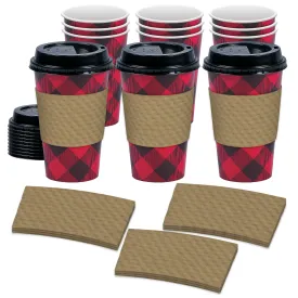 Disposable Coffee or Hot Chocolate Cups - Red and Black Buffalo Plaid (Buffalo Plaid, 12-ct with Blank Kraft Sleeves)