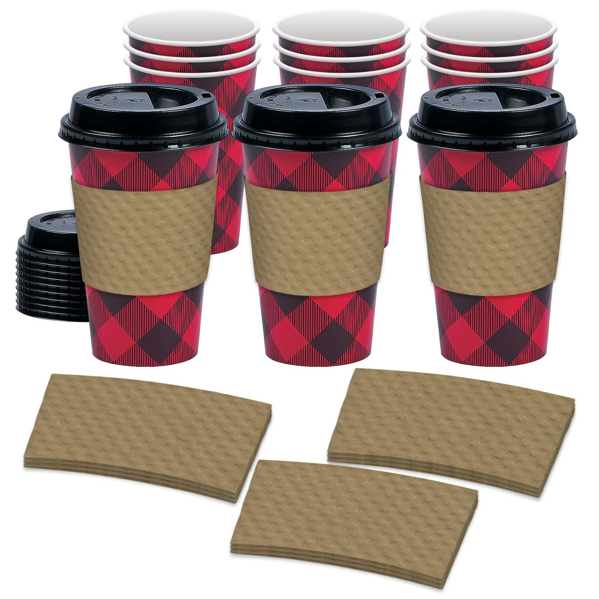 Disposable Coffee or Hot Chocolate Cups - Red and Black Buffalo Plaid (Buffalo Plaid, 12-ct with Blank Kraft Sleeves)