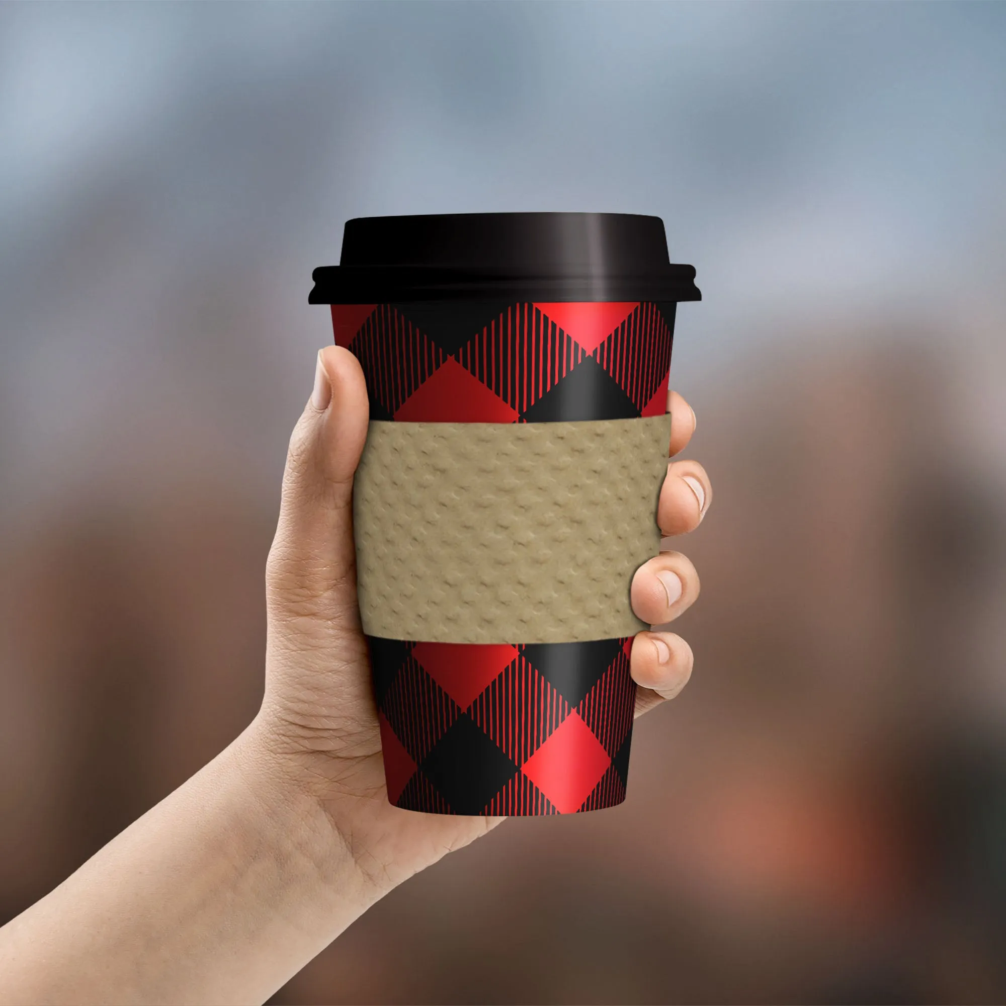 Disposable Coffee or Hot Chocolate Cups - Red and Black Buffalo Plaid (Buffalo Plaid, 12-ct with Blank Kraft Sleeves)