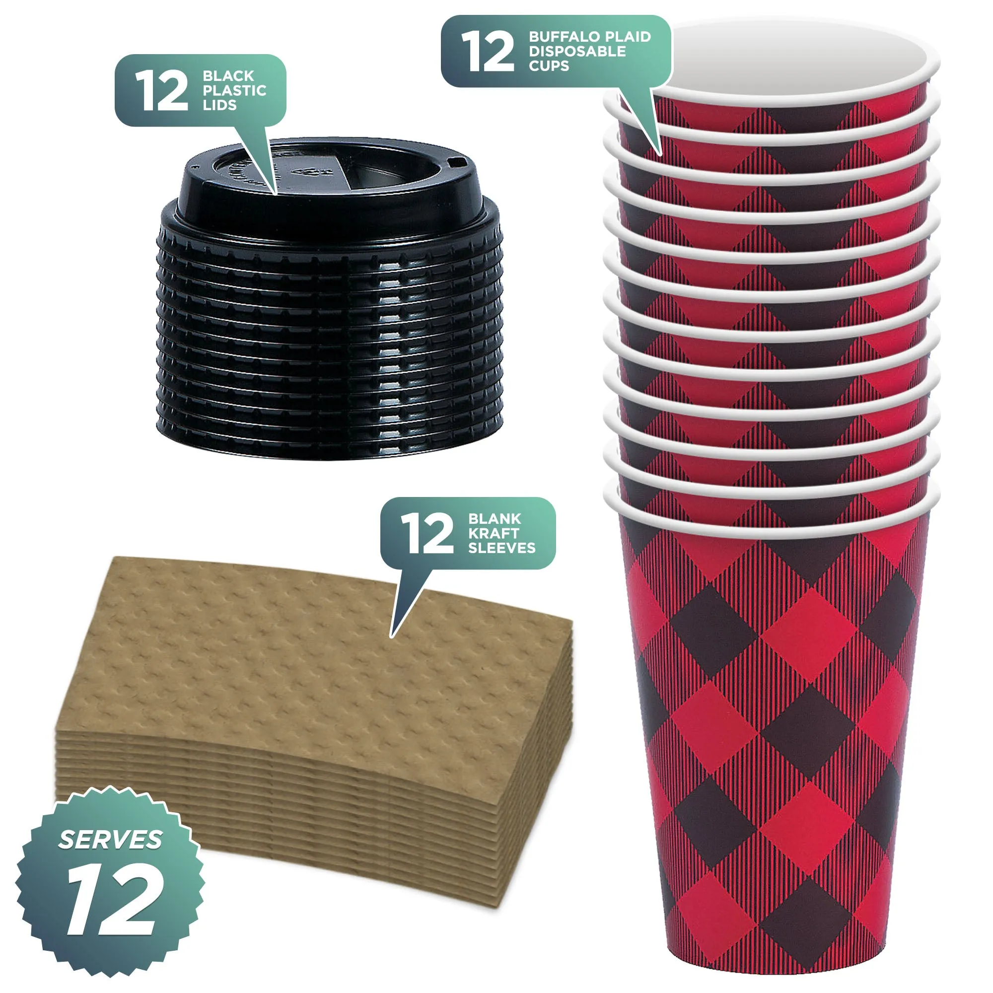 Disposable Coffee or Hot Chocolate Cups - Red and Black Buffalo Plaid (Buffalo Plaid, 12-ct with Blank Kraft Sleeves)