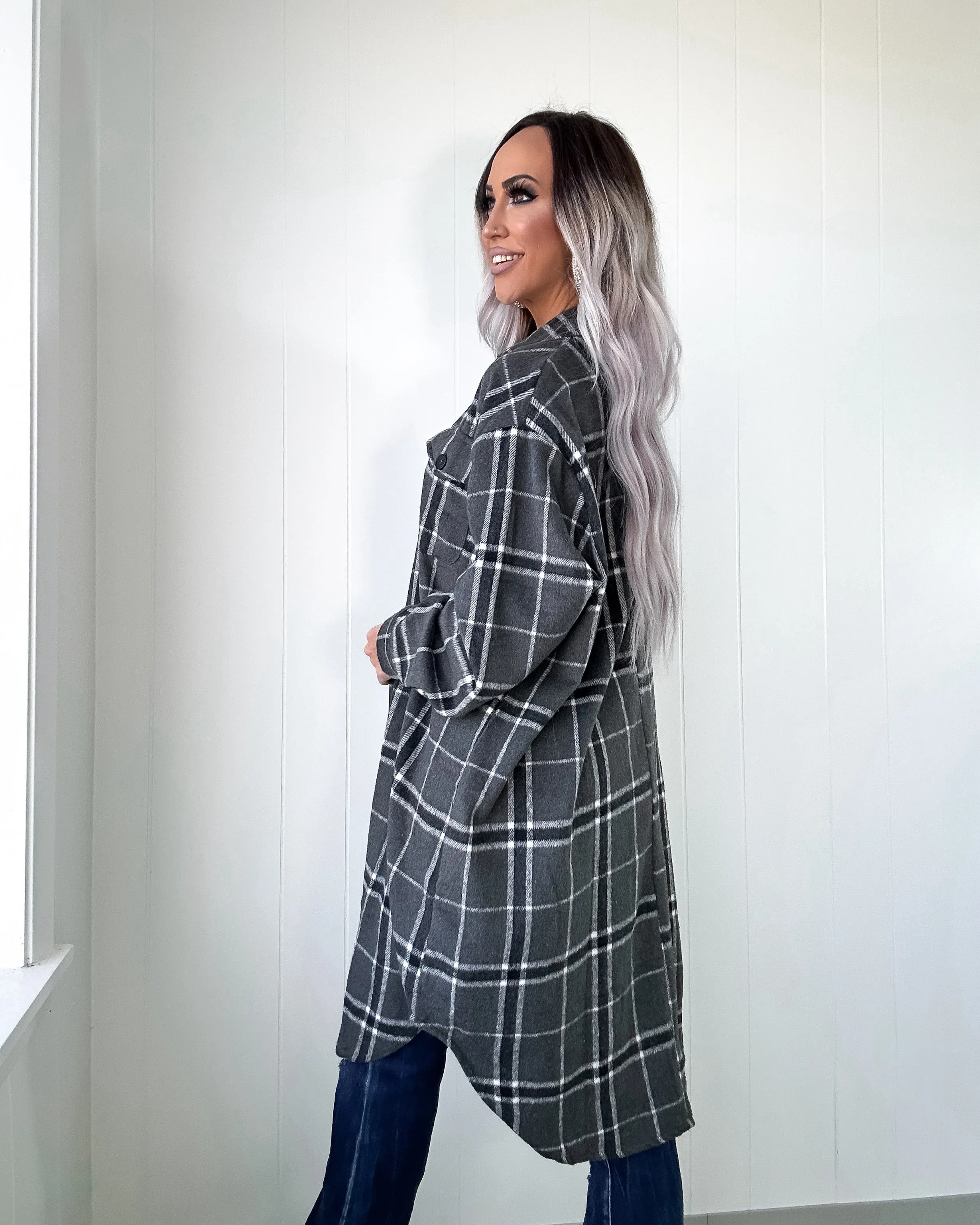 DOORBUSTER Gray Plaid Duster Shacket