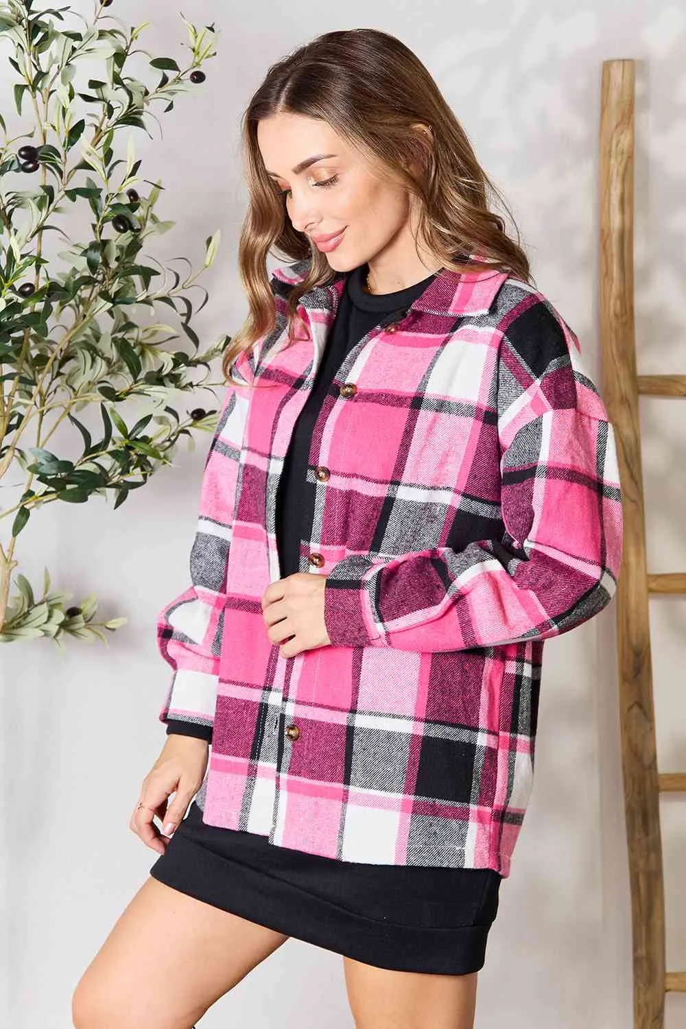 Double Take Plaid Button Up Collared Neck Jacket (BFD) T