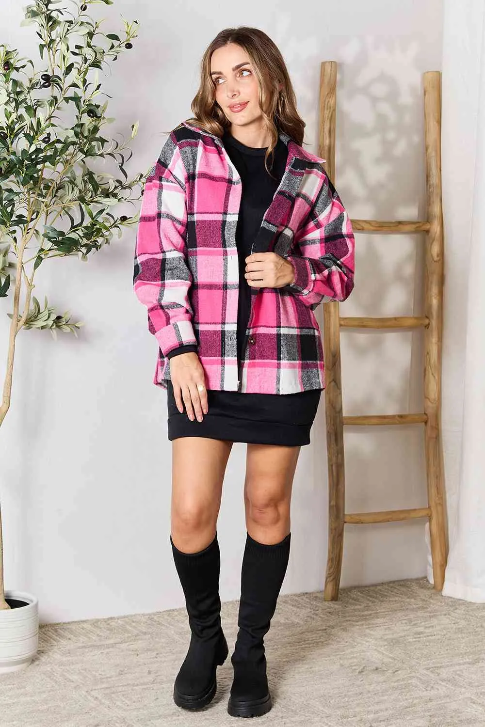 Double Take Plaid Button Up Collared Neck Jacket (BFD) T