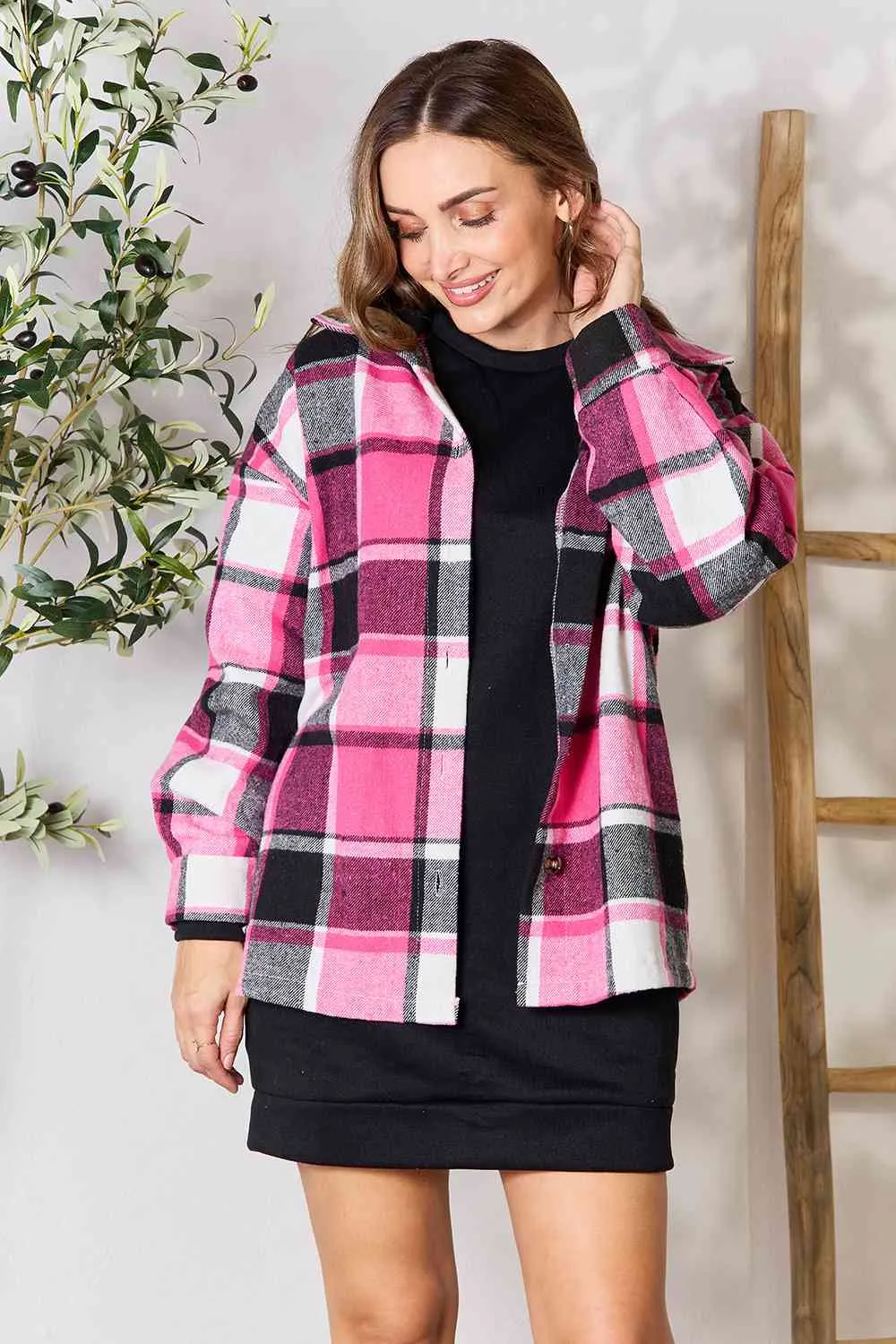 Double Take Plaid Button Up Collared Neck Jacket (BFD) T