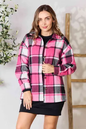 Double Take Plaid Button Up Collared Neck Jacket (BFD) T