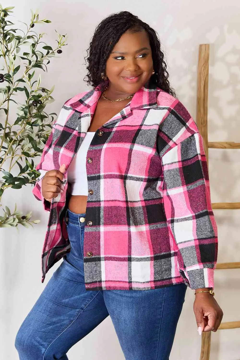 Double Take Plaid Button Up Collared Neck Jacket (BFD) T