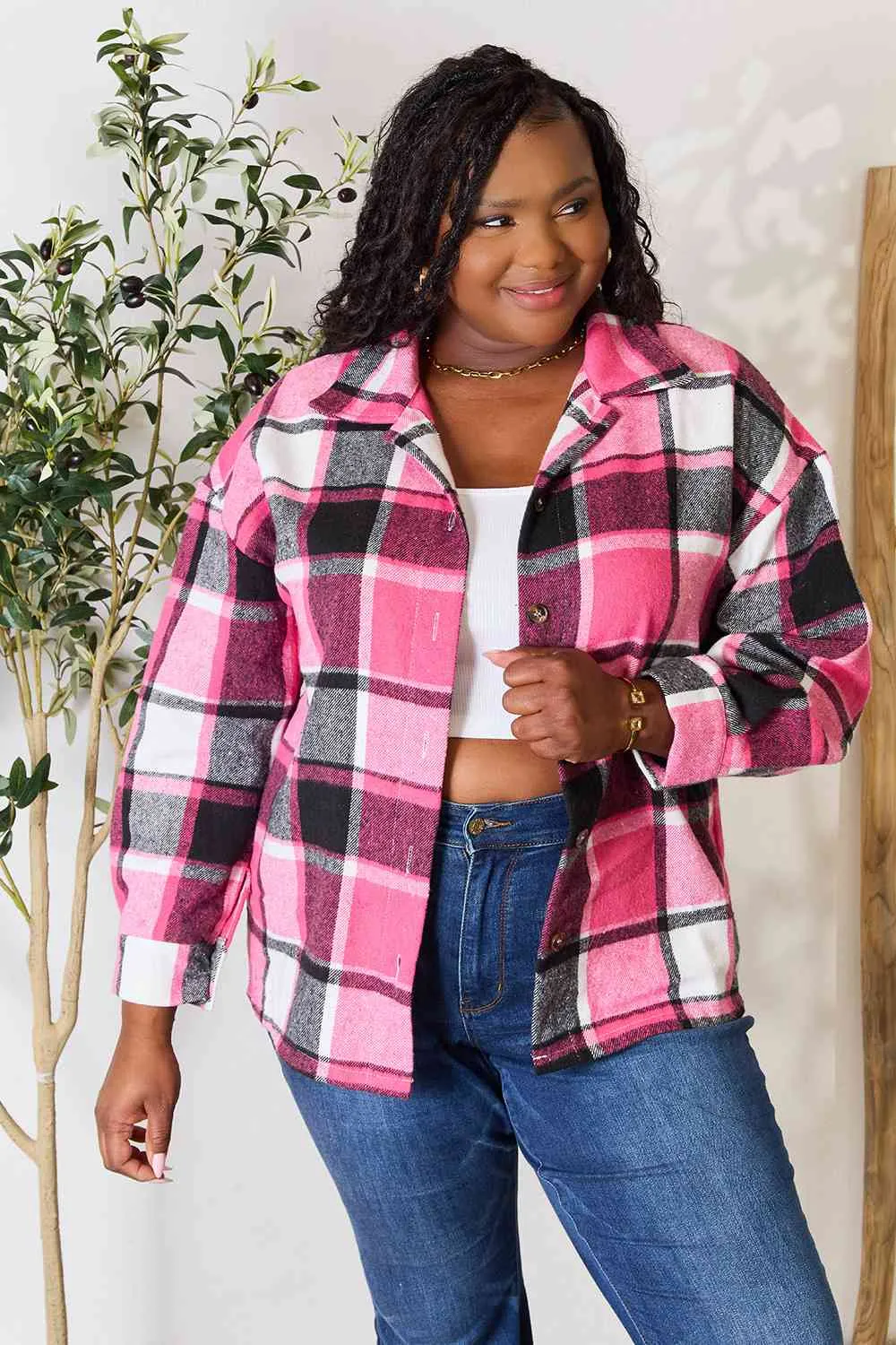 Double Take Plaid Button Up Collared Neck Jacket (BFD) T