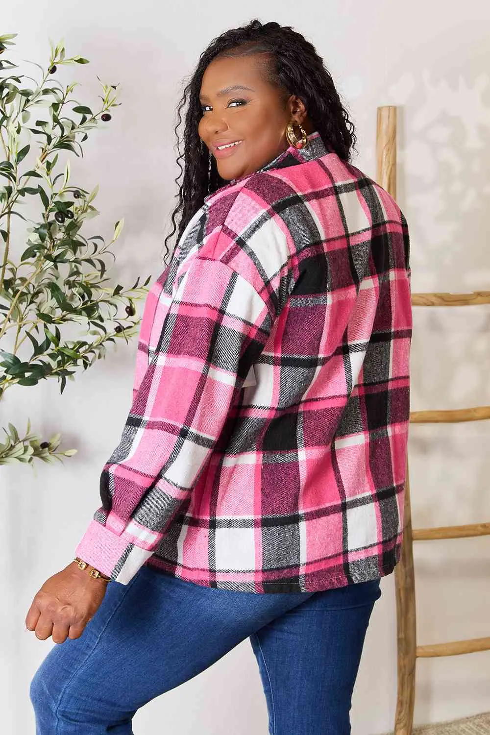 Double Take Plaid Button Up Collared Neck Jacket (BFD) T