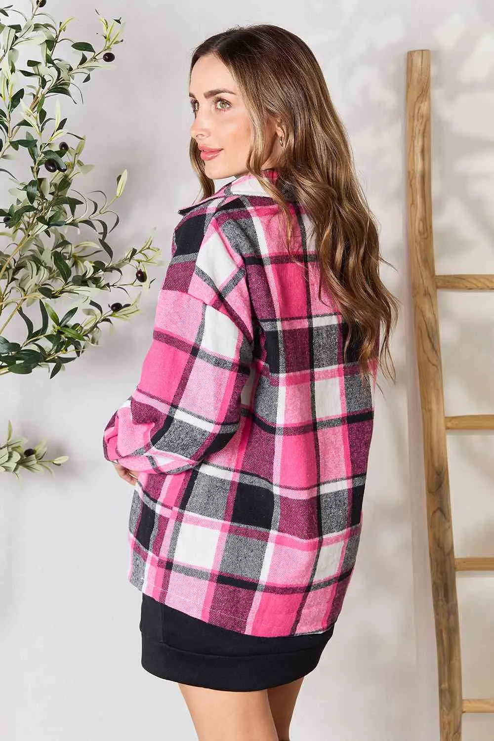 Double Take Plaid Button Up Collared Neck Jacket (BFD) T