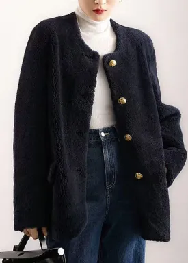 Elegant Navy O Neck Pockets Button Patchwork Wool Coat Winter LY9643