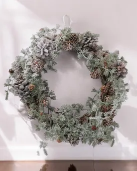 Faux Foliage - Rustic Snowy Fir And Pinecone Christmas Wreath