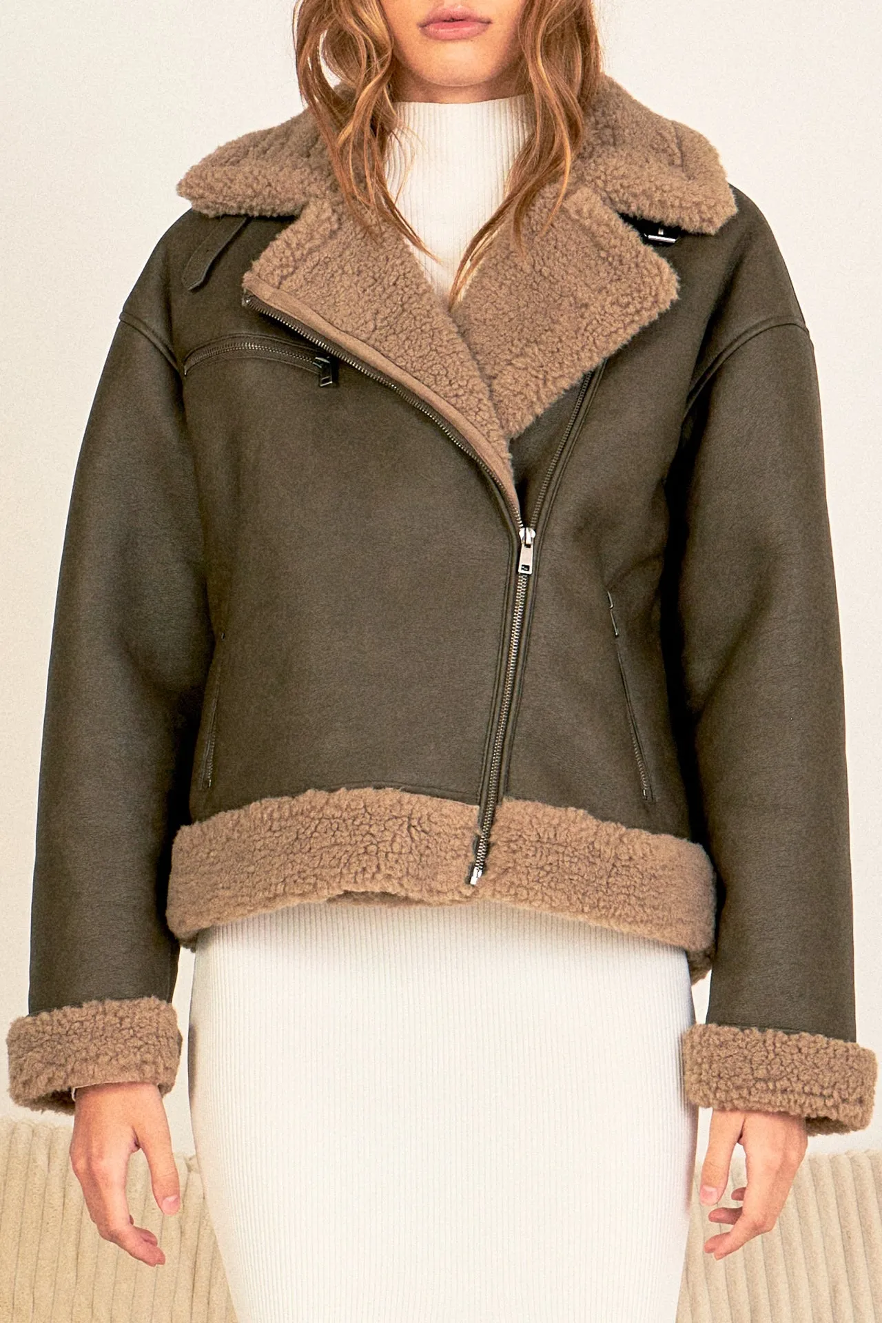 Faux Leather Jacket with Sherpa Lining