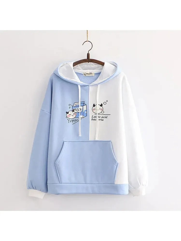 fleece plus velvet women hoodies and sweatshirt cartoon cat print patchwork cute hooded pullover for sweet style  Tracksuits