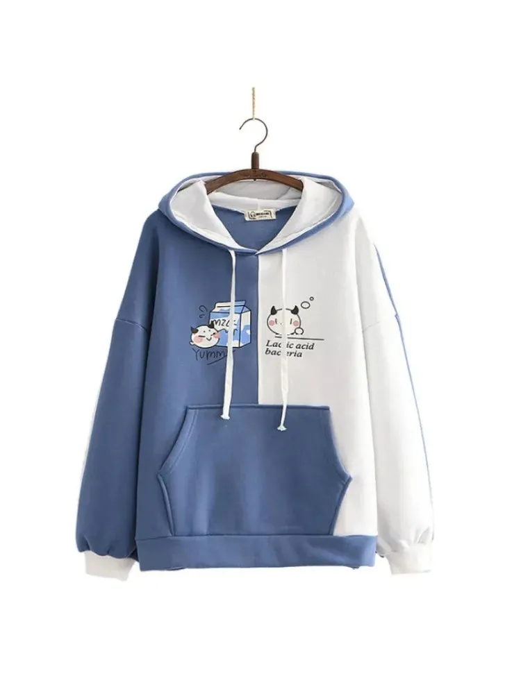 fleece plus velvet women hoodies and sweatshirt cartoon cat print patchwork cute hooded pullover for sweet style  Tracksuits