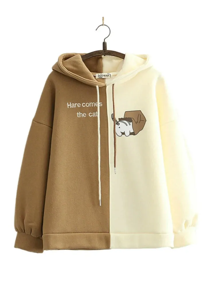 Fleece Women Hooded Sweatshirt Harajuku Cartoon Print And Letter Embroidery Casual Hoodies Winter Full Sleeve Warm Top