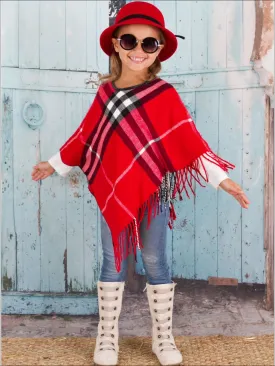 Girls Red Plaid Fringe Poncho