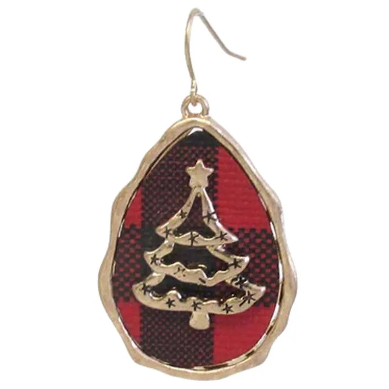 Gold Trees on Red and Black Buffalo Check Teardrop Hook Earrings