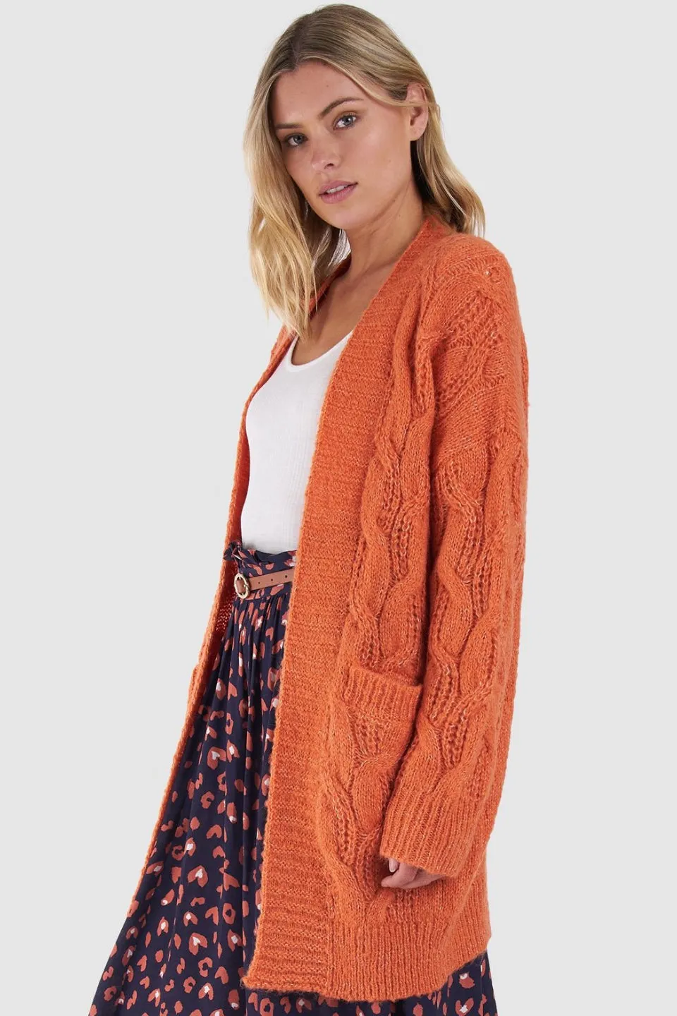 Grace Papaya Orange Cable Knit Longline Cardigan