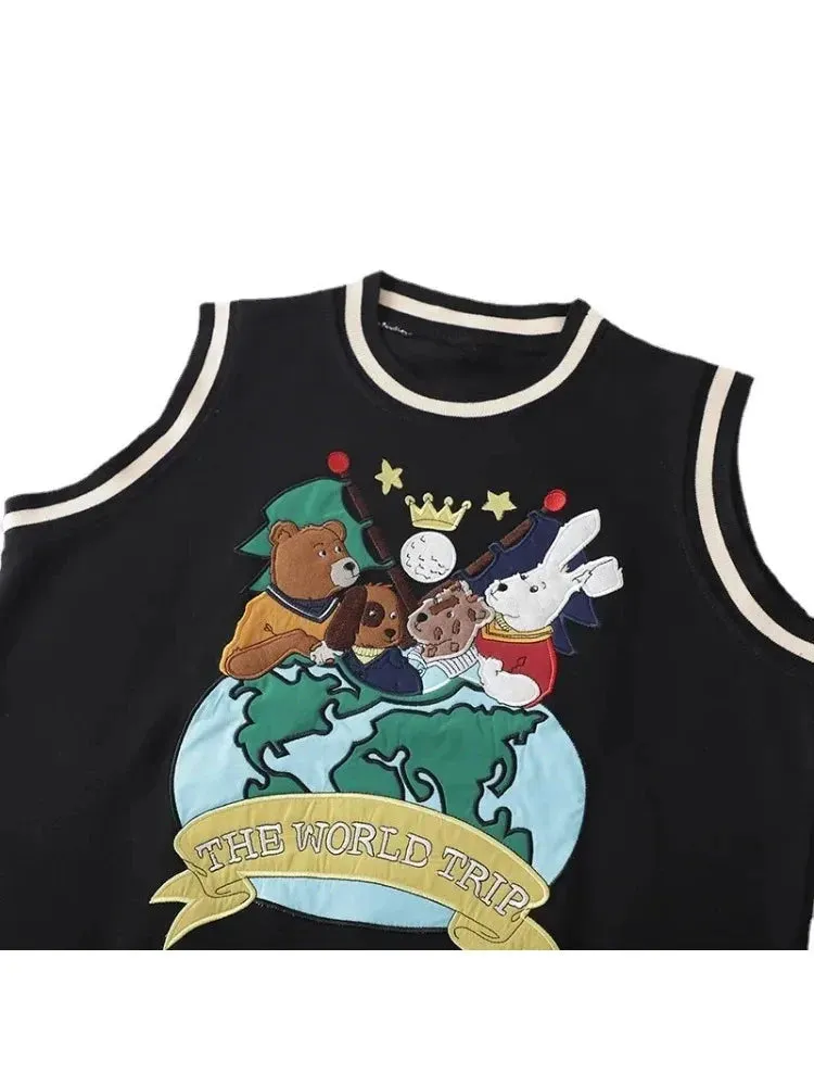 Harajuku Cartoon Bear Embroidery Jacquard Knitted Pullover Women Casual Sweater Vest Spring Sleeveless O-neck Girl Tops