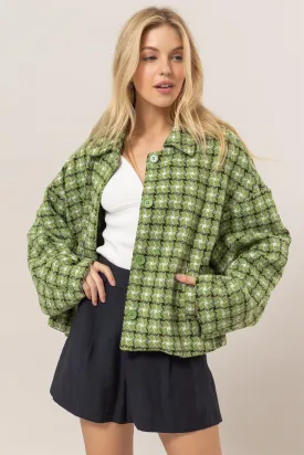 HYFVE Women Jacket Tweed Green Plaid Button Up Collared Neck Long Sleeve Outwear