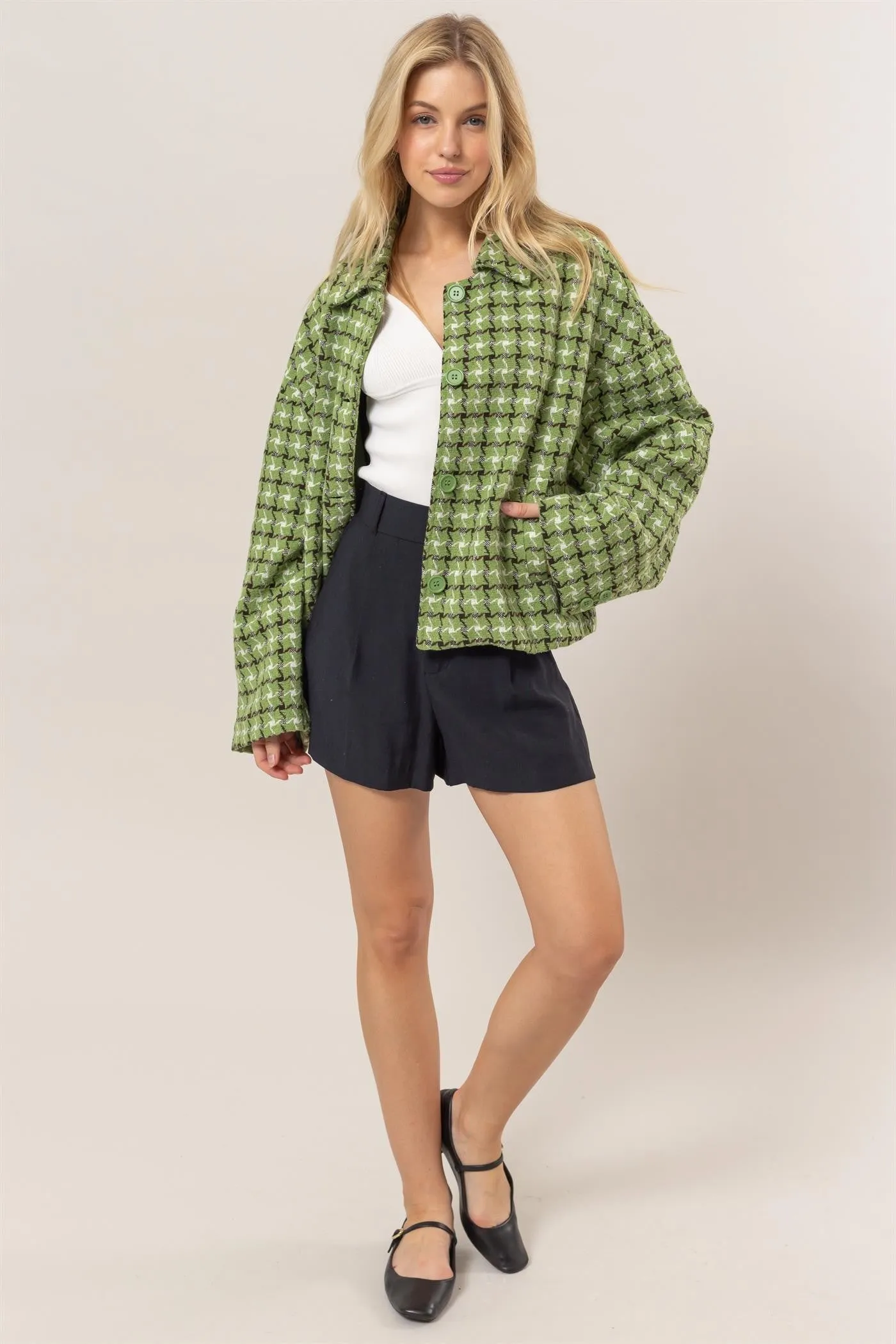 HYFVE Women Jacket Tweed Green Plaid Button Up Collared Neck Long Sleeve Outwear