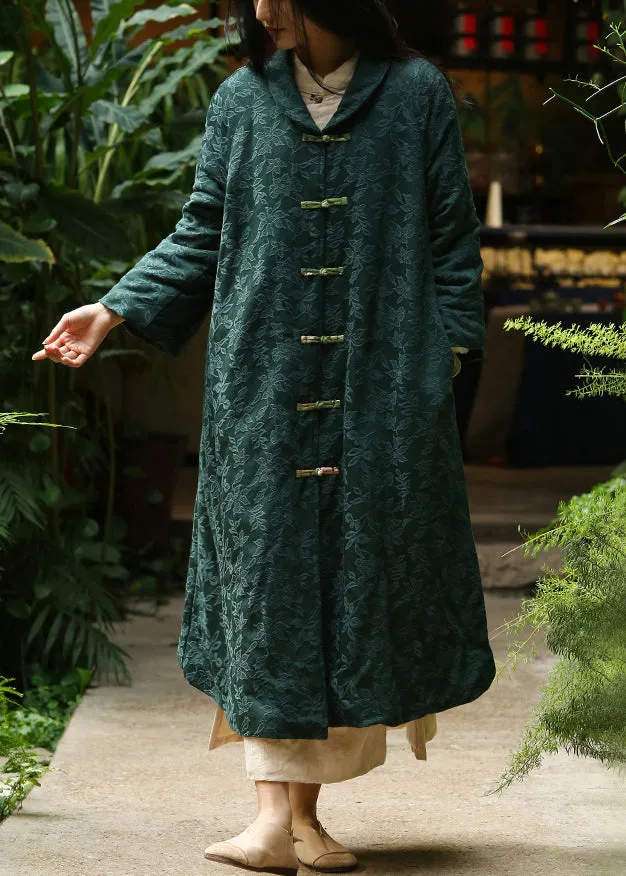 Jacquard Blackish Green Button Pockets Warm Fleece Long Coat Winter ML0063