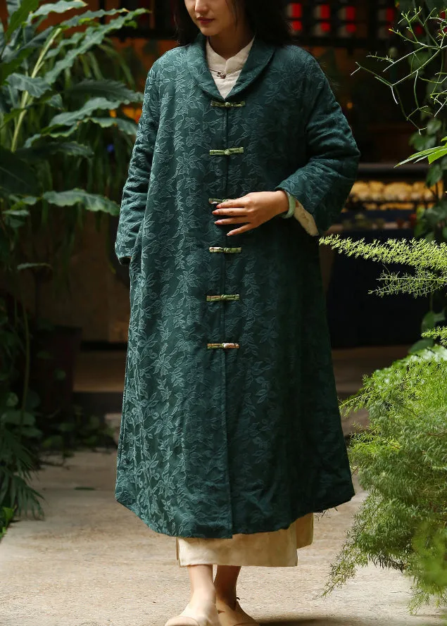 Jacquard Blackish Green Button Pockets Warm Fleece Long Coat Winter ML0063