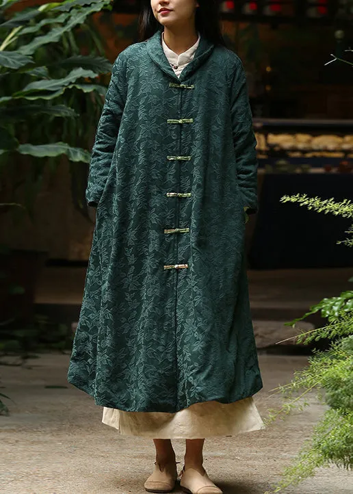 Jacquard Blackish Green Button Pockets Warm Fleece Long Coat Winter ML0063