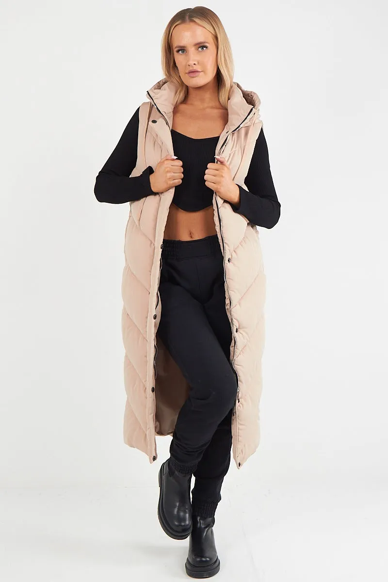 LADIES LONG PADDED HOODED VEST JACKET-BEIGE