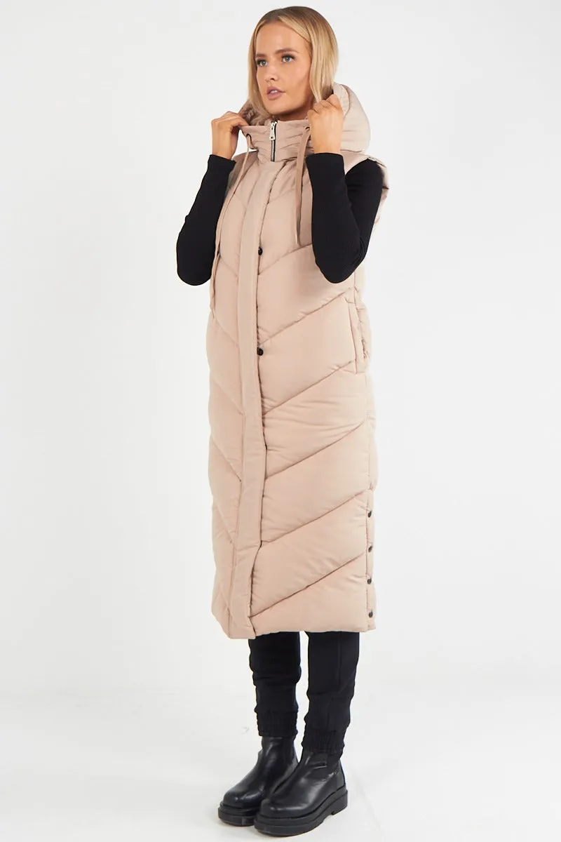 LADIES LONG PADDED HOODED VEST JACKET-BEIGE